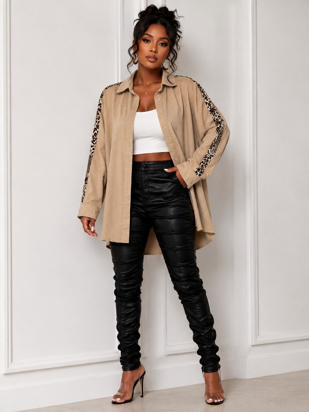 Leopard-Trim Oversized Shirt Jacket in Tan-Women